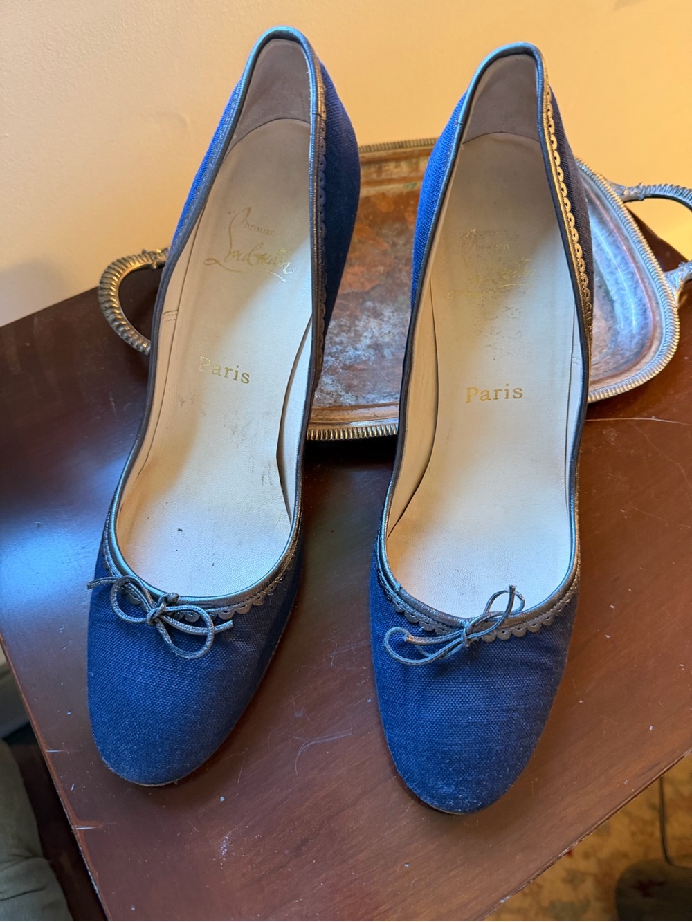Christian Louboutin Navy Linen Round-Toe Ballet Flats with Bow